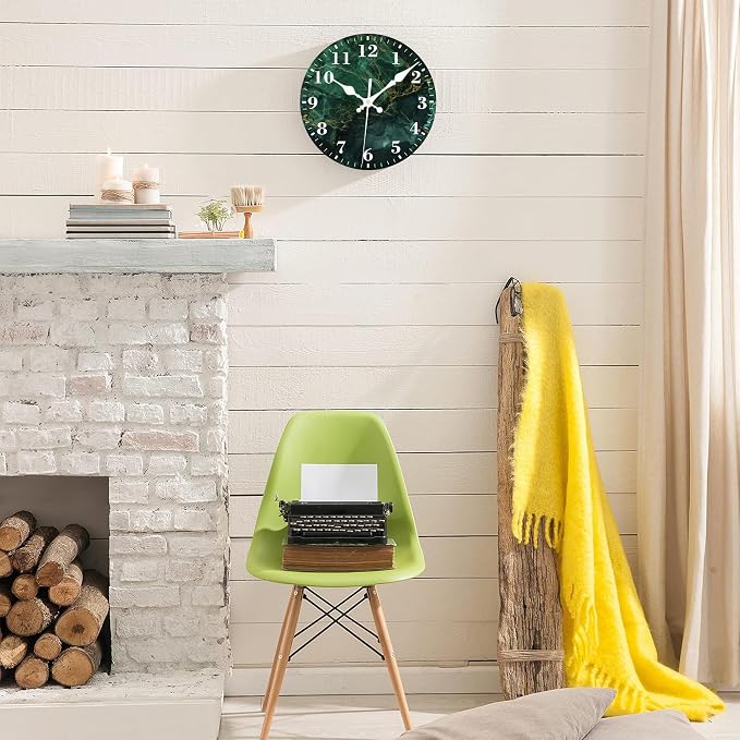 Wall Clocks Battery Operated, Dark Green Luxury Marble Silent Non Ticking Decorative Indoor Outdoor Wall Clocks for Living Room Kitchen Bedroom Bathroom 12"