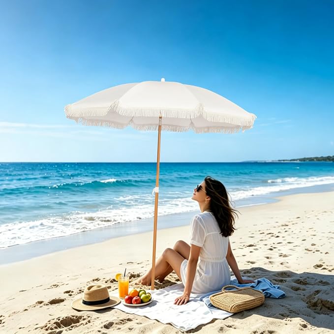 Seazul 5.2ft Patio Umbrella with Fringe, Beach Umbrella, Fringe Umbrella Outdoor Patio, Tilting Steel Pole, UV 50+, Fiberglass Ribs, Elegant Cream
