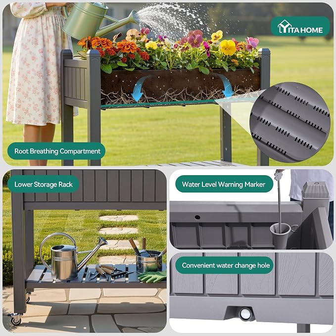 YITAHOME 43.3x17.7x34 in Elevated Garden Bed, Outdoor Plastic Planter Box with Wheels, Legs, Drain Plug, and Storage Shelf for Plants, Vegetables, Flowers, Herbs, Light Brown
