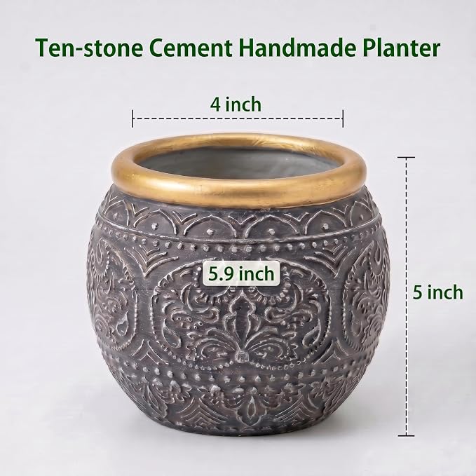 2Pcs 5.9 Inch Cement Planters, Vintage Planter with Gold Rim and Drainage Holes, Decorative Indoor Containers for Succulents, Herbs, Home & Office