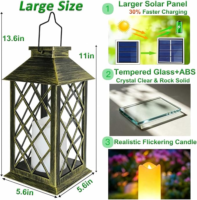 14" Large Solar Lanterns Outdoor Waterproof, Tempered Glass, Hanging Solar Lights with Flickering Flameless Candles, Retro Solar Lantern for Wall Porch Patio Table Garden Decorations, Bronze