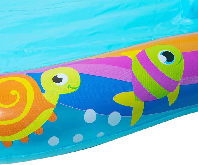 Banzai Shade 'N Slide Turtle Inflatable Outdoor Kiddie Splash Pool with Fish Sprinkler, Removable Canopy, and Mini Slide for Ages 3+