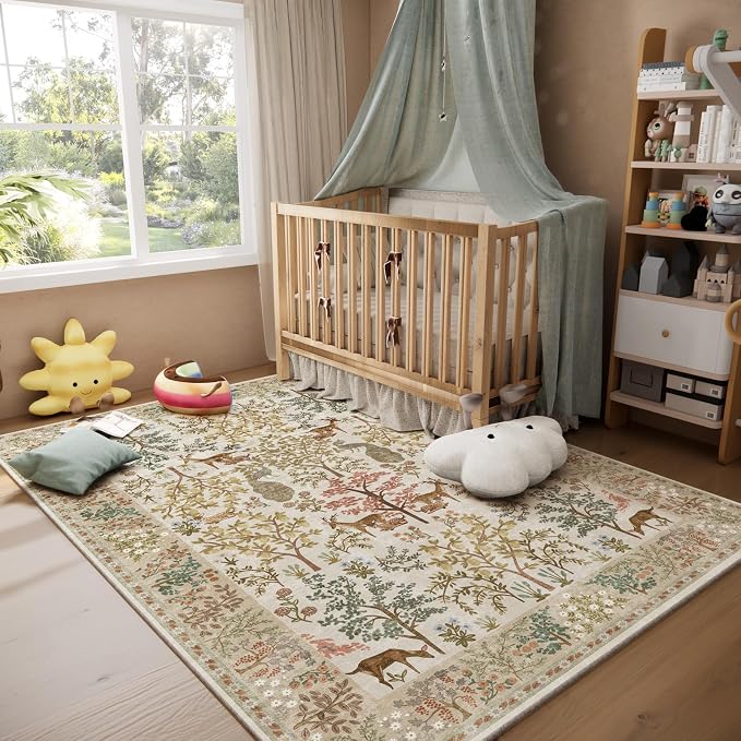 Machine Washable Rugs for Living Room: 9x12 Bedroom Rug Vintage Area Rug Stain Resistant Non Slip Low Pile Lightweight Soft Carpets for Living Room Dining Room Kitchen Nursery Kids Room Indoor
