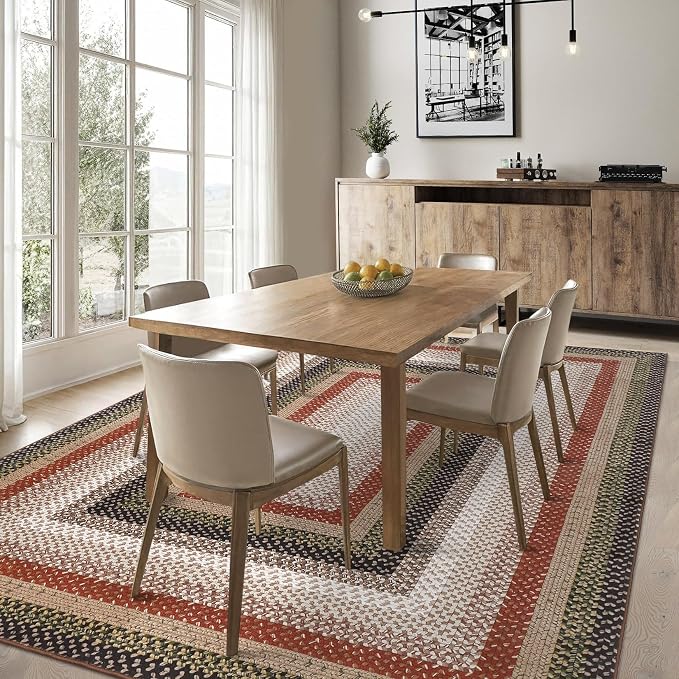 RUGSREAL Washable Area Rug 6x9 Braided Print Rugs for Living Room Bedroom | Modern Geometric Large Dining Room Rug Non Slip Dining Room Farmhouse Accent Throw Carpet for Home Decor, Crimson/Earthy