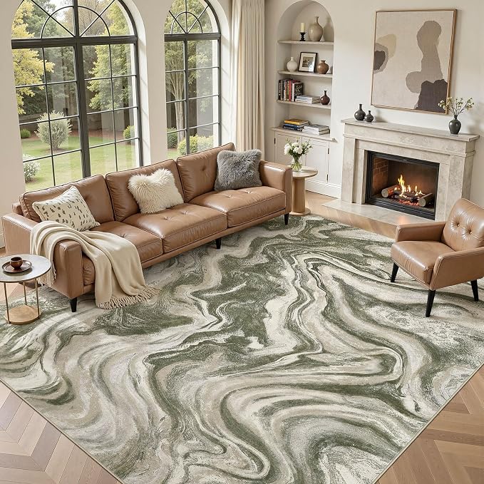 DMOYEST 8x10 Area Rug for Living Room Washable Abstract Indoor Carpet | Neutral Modern Low Pile Rugs Kid & Pet Friendly Large Soft Thin Carpet for Bedroom Dining Room and Office - Olive Green