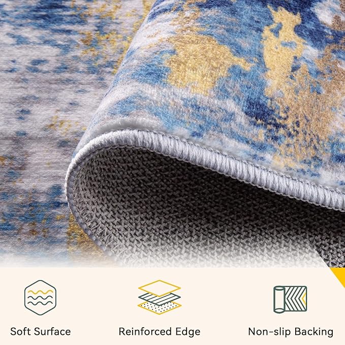 RELEANY Washable 10'x14' Abstract Area Rug for Living Room Blue Gold | Carpet for Bedroom, Kitchen, Office, Hallway and Entryway, Printed Pattern, Non‑Slip, Soft, Stain‑Resistant, Easy to Clean