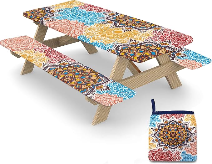 Picnic Table Cover with Bench Covers Elastic Edges, 3 Pcs Mandala Fitted Table Cover with Drawstring Bag, Waterproof Windproof Aesthetic Camping Tablecloth, Outdoor Camping Essentials 72 Inch