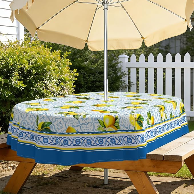 Lemon Outdoor Oval Tablecloth with Umbrella Hole 60" x 102" Waterproof Zipper Table Cloth for Patio Table - Ideal Tablecloths for Picnics, Camping, and Yard Use