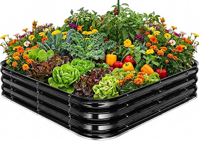 Square Galvanized Raised Garden Bed 4x4ft – Easy Home Gardening Planter Box for Vegetables & Flowers,Herbs – 12" Heavy Duty Outdoor Gardening Bed with Easy Assembly (Black)
