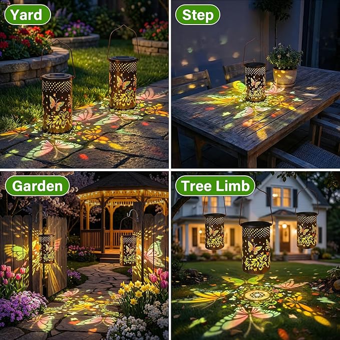 2 Pack - Colorful Butterfly Hanging Solar Lanterns Outdoor Waterproof, Decorative Metal Solar Hanging Lanterns for Porch Yard Tabletop Path Lawn and Garden Decor, Ideal Gifts for Mom Grandma Women