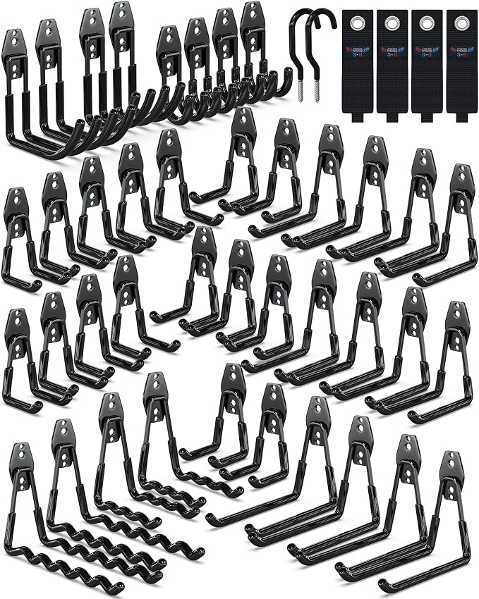 3-H Garage Wall Hooks 46 Pack,Garage Hooks Heavy Duty,Garage Storage Hooks for Hanging and Organizing Garden,Lawn,Yard Tools,Chairs,Ladders,Weed Eater,Shovel,Blower(Black)