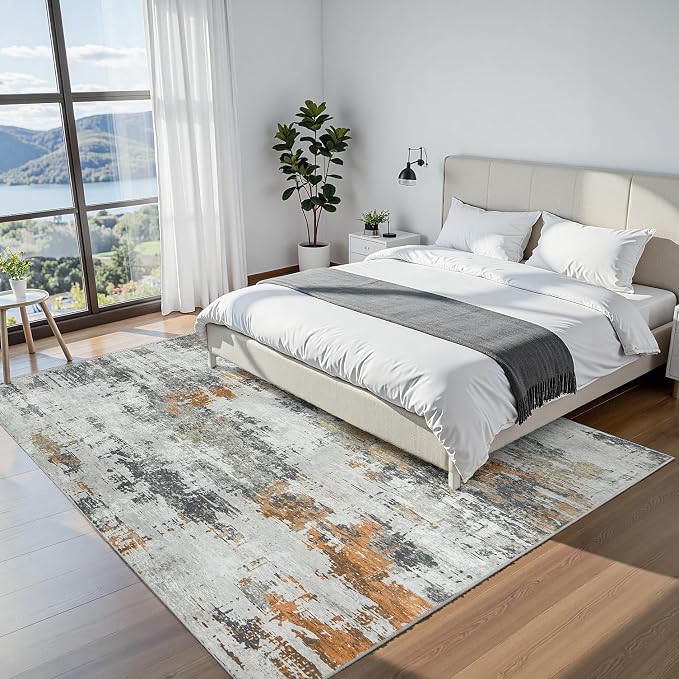 9x12 Area Rugs for Living Room: Washable Soft Grey Abstract Bedroom Carpet | Non-Slip TPE & Stain Resistant,0.25" Low-Pile,Kids Pet Friendly Modern Decor for Dining Room Farmhouse Office, Non-Shedding