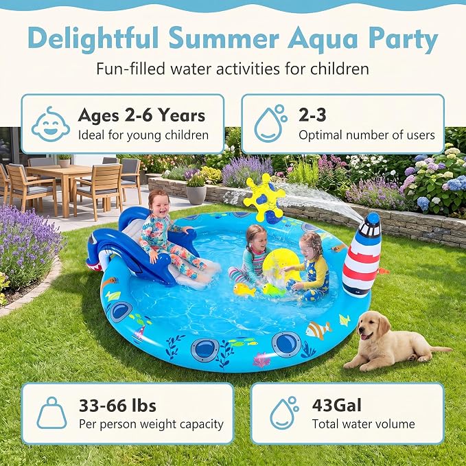 GLACER Kiddie Pool with Slide, 74”x 60.5”x 23” Thicken Water Play Center | Inflatable Swimming Pool with Sprinkler & Fishing Toys, Elevated Rails, PVC Outdoor Blow-Up Splash Pad for Backyard, Garden