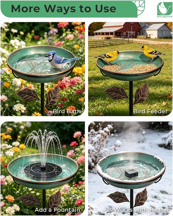 Metal Bird Bath for Outside 12" Bowl – Hummingbird Embossed Garden Birdbath with Stake | Removable Bowl, Rust Resistant Outdoor Water Bowl for Small Birds, 36" Yard Lawn Decor