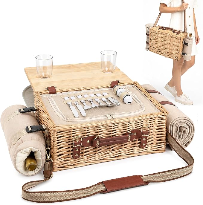 Hap Tim Multifunctional Wicker Picnic Basket Set for 2 with Picnic Table & Blankets, Gifts for Couple, Engagement, Wedding, Bridal Shower, Family, White Elephant(Y2604)