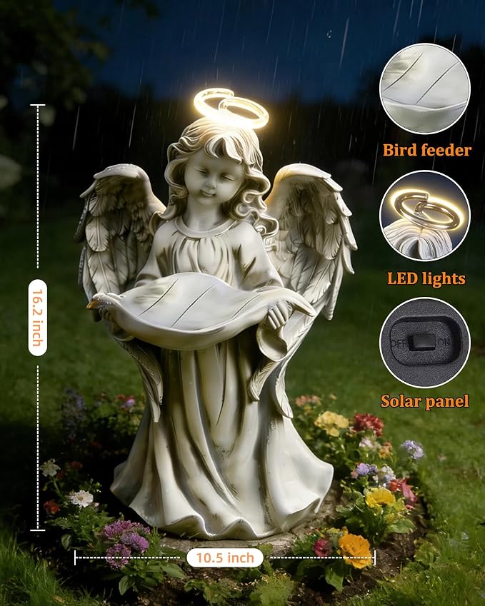 Solar Angel Statue with Bird Feeder for Outdoor Garden Decor | for Patio, Yard, Lawn, Balcony, Gift for Mother, Grandmother, Women