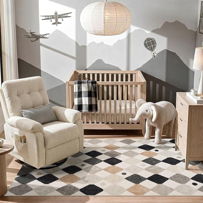 jinchan 5x7 Nursery Rug Washable Kids Playroom Rug Black and White Marble | Soft, Non-Slip, Cute, Kid-Friendly, Checkered Diamond, Play Mat, Black White on Cream, Classroom, Bedroom, Dorm, Living Room