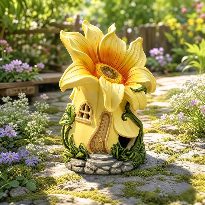 Fairy Garden House with Solar Light,Outdoor Figurine Lights Garden Statues,Yard Decorations Outdoor Fairy Garden Accessories,Decor Gifts for Mom Women (Sunflower)