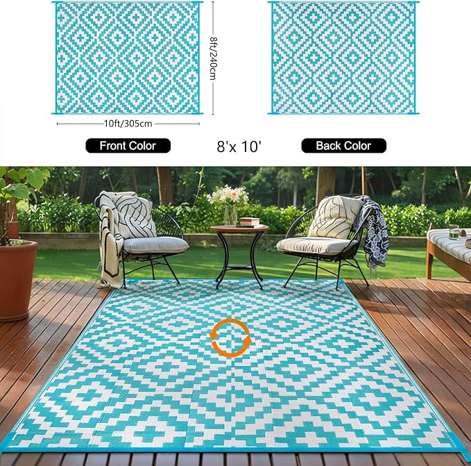 Outdoor Patio Plastic Straw Rug - 8x10 ft Outdoor Camping Rug Waterproof Reversible, Area Carpet Patios RV, Outside Porch Balcony Deck for Camper, Blue & White