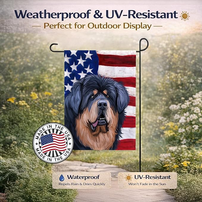 Caroline's Treasures CK6739GF Tibetan Mastiff American Flag Garden Flag Mailbox Flag Decorative Yard Flag Banner Outside Patio Artwork Yard Flower Beds, Garden Size, Multicolor