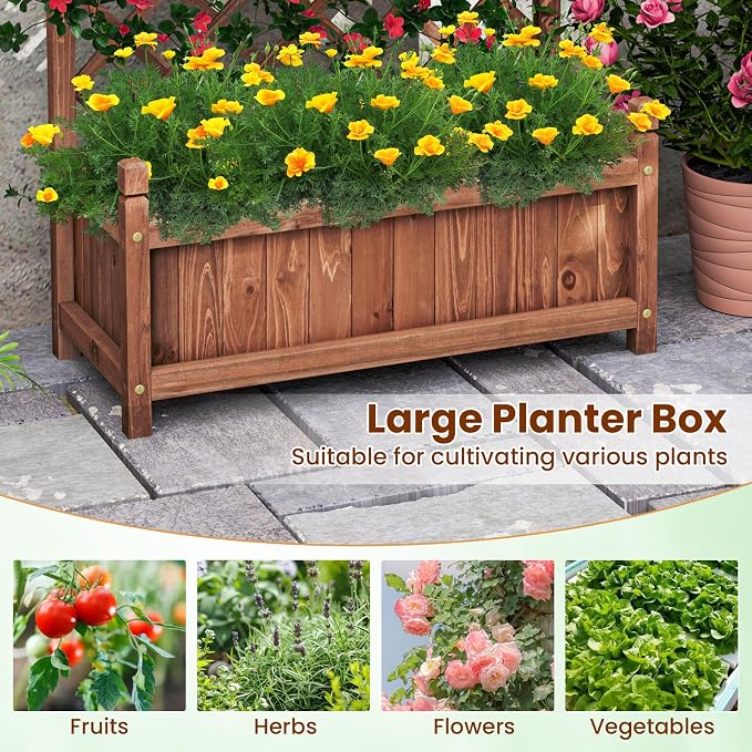 Giantex Raised Garden Bed with Trellis Set of 2, 60” Wooden Planter Container w/Drainage Holes, High Trellis for Plant Flower Climbing Pot Hanging, Indoor Outdoor Planter Box for Yard Garden Balcony