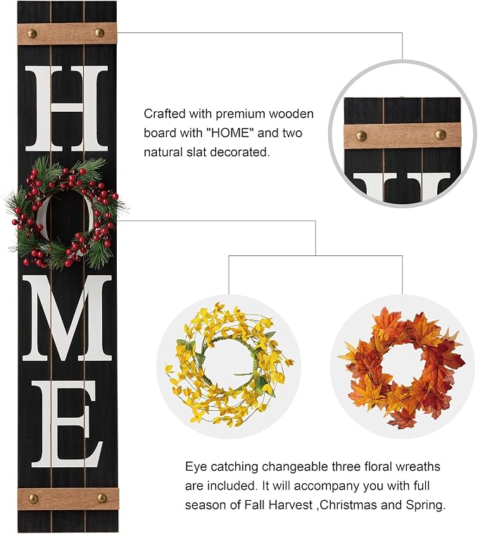 Glitzhome 42" Wooden Welcome Home Porch Sign with Interchangeable Wreaths for Front Door Vertical Farmhouse Standing Home Sign Hanging Wall Sign for Year Spring Fall Thanksgiving Christmas