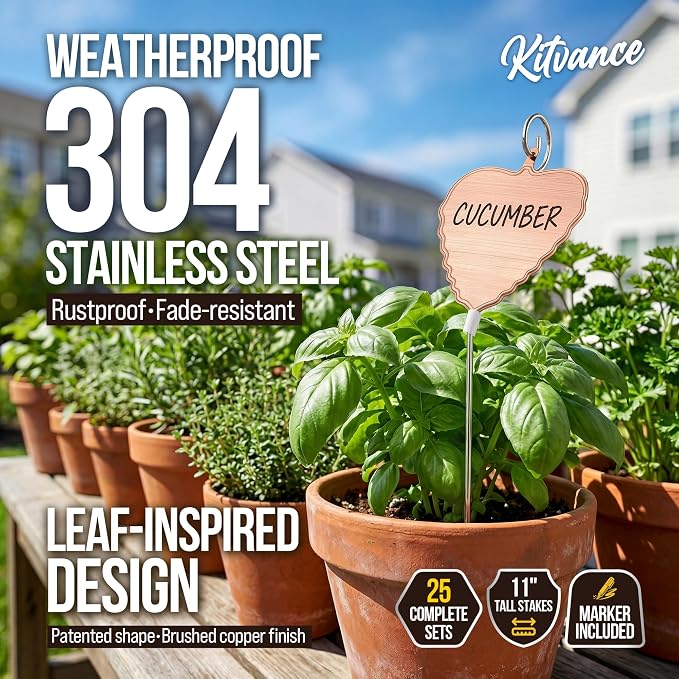 304 Stainless Steel Plant Labels, 25-Pack Weatherproof Metal Garden Markers with 11" Tall Stakes, Reusable Plant Tags for Herbs Vegetables Flowers, Large Writing Area, Easy-Read Angled Design