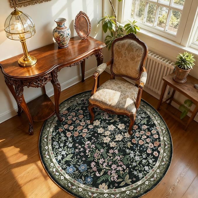 Washable Round Rugs for Bedroom 4ft: Living Room Rug Stain Resistant Non Slip Low Pile Ultra Soft Faux Wool Small Circle Rugs for Entryway Kitchen Nursery Dorm Home Office Bathroom Entrance Indoor