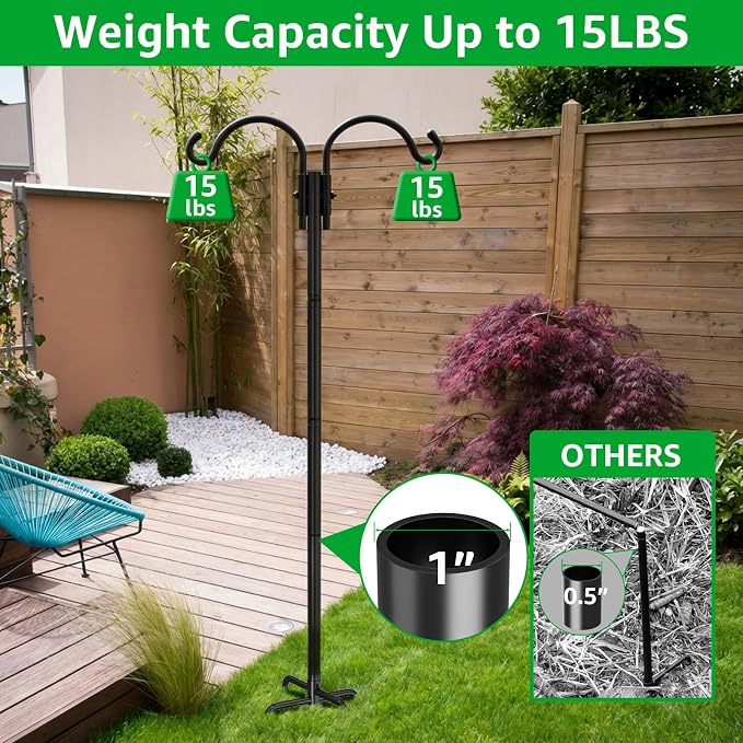 GOFORWILD Double Shepherds Hook for Outdoor, with 5-Prong Base, 76inch Adjustable Metal Bird Feeder Pole for Hanging Bird Nest, Plant Basket,Lantern,Solar Light 1 Pack