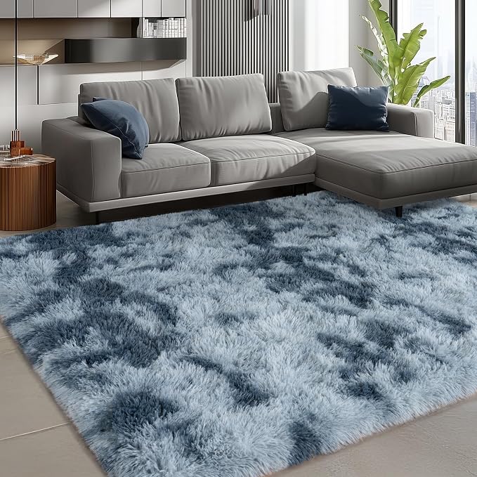 10x14 Large Fluffy Area Rugs for Living Room, Tie-dye Blue Grey | Upgrade Non-slip, Washable, Flame Resistant, High Pile Big Shag Rug Plush Carpet for Bedroom Kids Room Dorm Home Decor