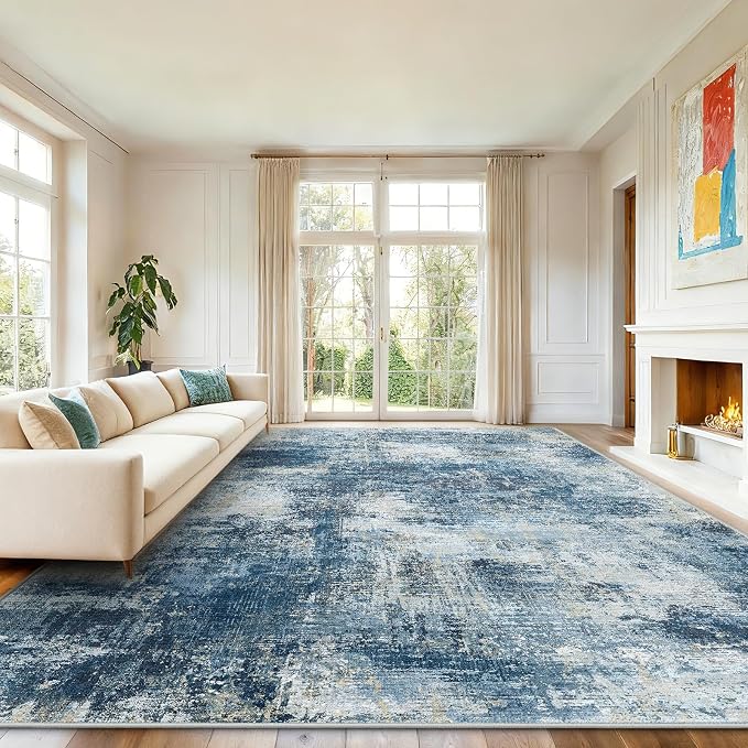 AMADA HOMEFURNISHING 9x12 Area Rugs for Living Room, Modern Large Area Rugs with Non-Slip Backing & Low Pile, Neutral Soft Washable Rug for Nursery, Bedroom, Dinning Room, Playroom, Navy Blue