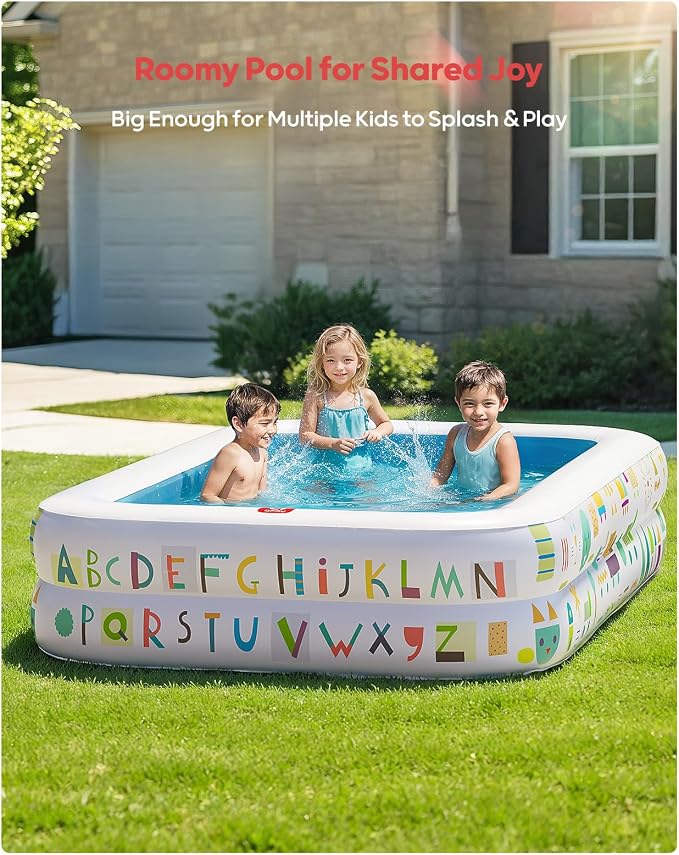 QPAU Kiddie Pool, Alphabet and Number Design, 65 x 39 in, Blue | Inflatable Design with Soft Floor, Converts to a Ball Pit for Kids and Toddlers, for Indoor and Backyard Play