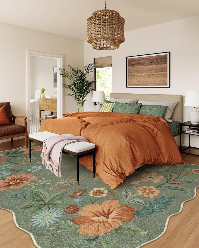 Lahome Floral Washable Rugs 8x10, Soft Green Rugs for Living Room Bedroom | Non-Slip Ultra-Thin Stain Resistant, 8x10, Rugs Boho Accent Carpet for Dining Room Office Flore (8x10ft, Green)