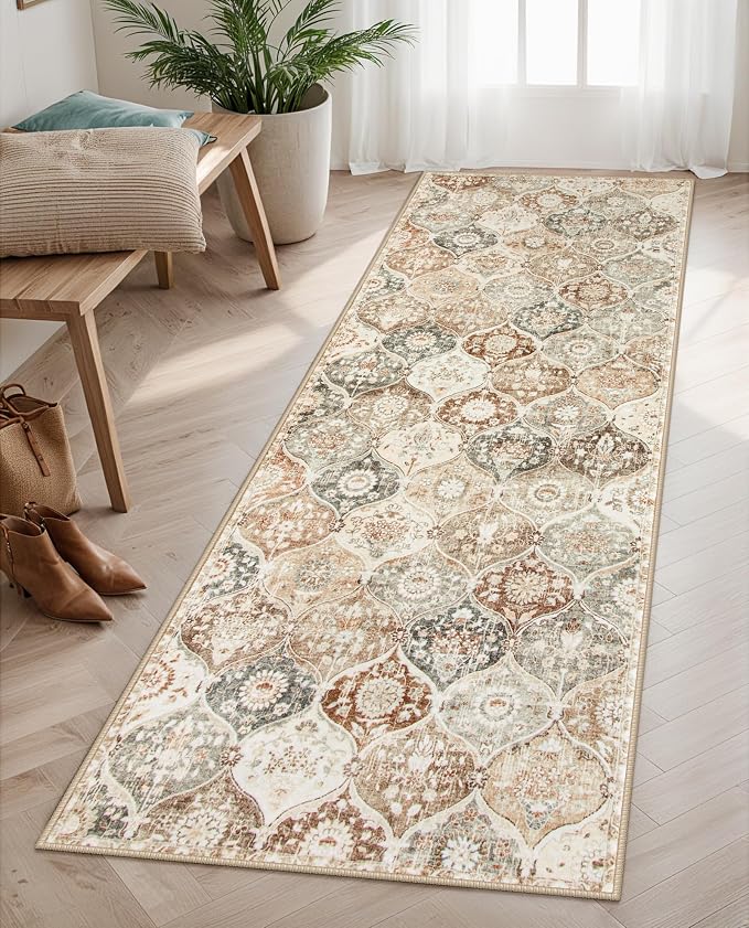 Lahome Moroccan Hallway Runner, 2x6 Kitchen Runner Rugs Non Skid Washable | Trellis Vintage Laundry Room Rug Ultra-Thin Long Carpet for Bathroom Bedroom Entryway Elise, Khaki