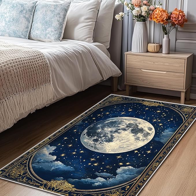 Boho Area Rug for Living Room Vintage Full Moon 3x5 Entryway Rug Modern Celestial Stars Rugs Non Slip Low Pile Machine Washable Blue Golden Floor Carpet for Indoor Bedroom Dining Room Kitchen