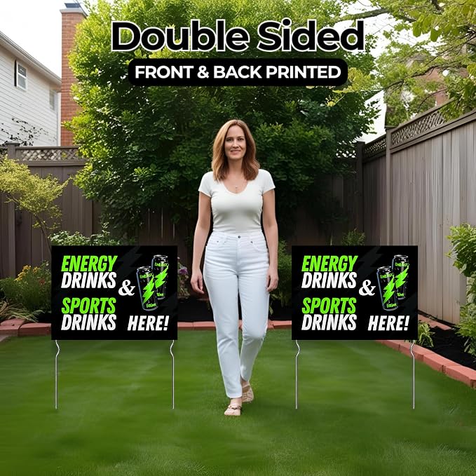 Energy Drinks & Sports Drinks Here! Yard Sign by DC | 24"x18" Double Sided Conv. Store Garden Sign with 13” Metal Stakes | Outdoor Signs Waterproof for Lawn, Patio, Sidewalk & House | Set of 1