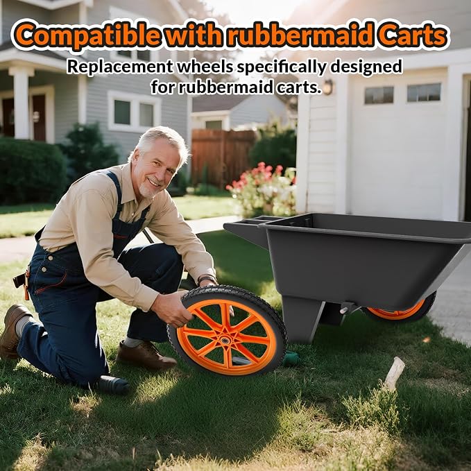RONPOW 20 Inch Flat Free Wheelbarrow Wheels Compatible with rubbermaid Wheelbarrows Cart Tires, 5/8" Bearings and 3/4" Bearings, Replacement Wheelbarrow Wheels Garden Yard Carts, 400Lbs, 2Pack Orange