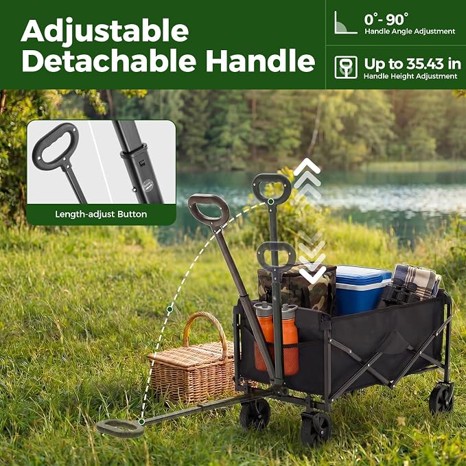 OLIXIS Collapsible Wagon 67L Compact Lightweight Utility Folding Wagon Cart with Wheels – 220 lbs Weight Capacity, Flexible Handle for Beach, Grocery, Camping, Shopping, Sports & Garden, Black