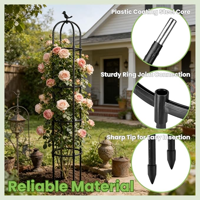 Lancisism Garden Obelisk Trellis for Climbing Plants Outdoor - 6.3 Ft Plant Support Round Trellis for Potted Plants Indoor - Rustproof Plastic Coated Tomato Cage for Vines Flowers Fruits Vegetable