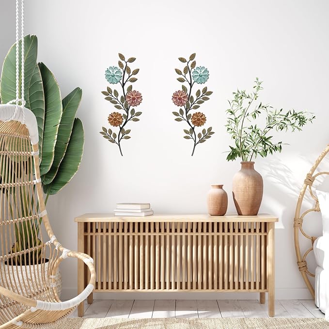 MorningRo 2 Pcs Metal Flower Leaves Wall Art Spring Wall Decor Living Room, 15.75 Inch Vintage Rustic Branch Leaf Wrought Iron Scroll Art Decor for Summer Bedroom Indoor Outdoor Decorations(Colorful)