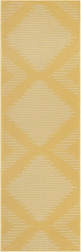 Unique Loom Outdoor Modern Collection Area Rug - Tambor (2' x 8' Runner Yellow/Ivory)