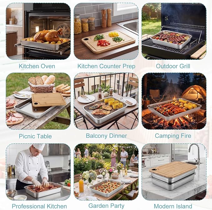 Gisafai 24 x 16 Inch Exlarge Grilling Prep and Serve Trays 5-in-1, Stainless Steel Food Prep Tray Set Grill Carry System Marinade Container with Lid Cooling Rack Gifts for Outdoor BBQ Accessories
