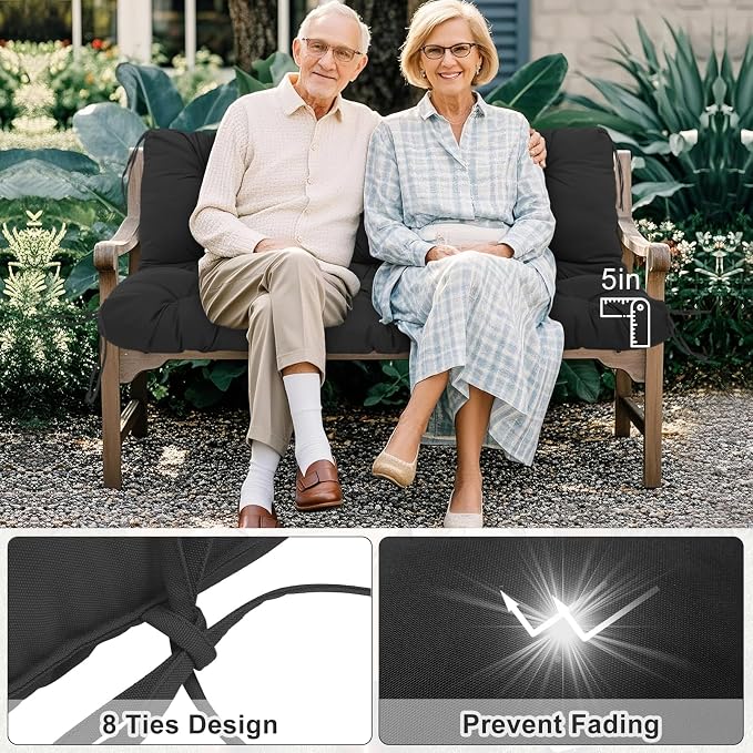 Porch Swing Cushions 2 Seater Replacement Thicken 5" Waterproof & Fade Resistant Swing Cushions for Outdoor Furniture Bench Patio Swing Cushion with Backrest & Ties(Black 40x40x5inch)