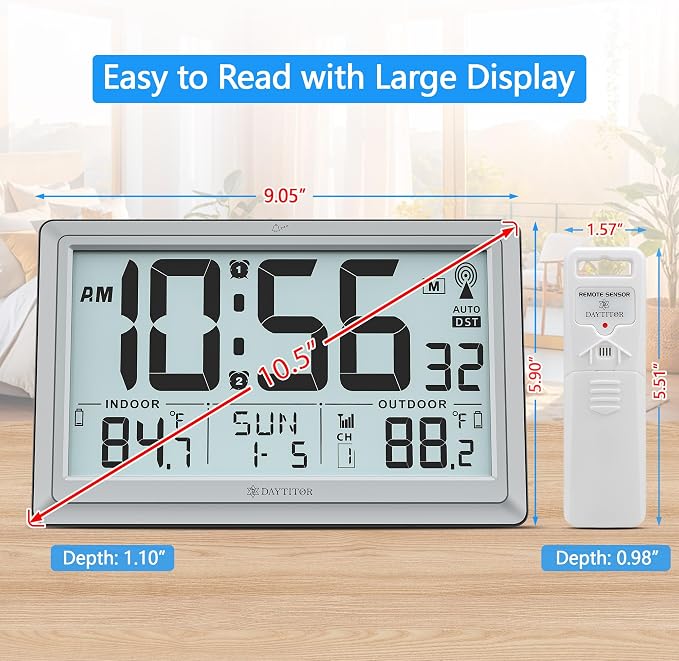 Atomic Clock Wall with Indoor/Outdoor Temp, Battery Operated Digital Wall Clock with 10.5" Large LCD Display, 330ft Range Desk Table Clock with Alarm, DST, Calendar for Living Room, Silver-gray