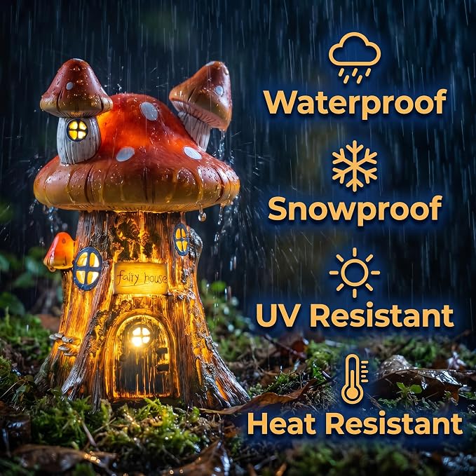 COWOS Mushroom House Sculptures, Collection of Resin Garden Sculptures, Resin Fairy House Statue, Solar Fairy Garden Figurine with Warm White Light Mushroom for Outdoor, Lawn, Yard Decoration