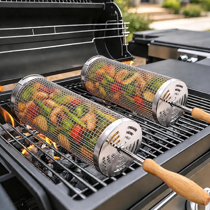 Rolling Grill Basket (2PCS), 304 Stainless Steel Grill Baskets with Removable Wooden Handles, BBQ Grilling Accessories for Vegetables, Camping, Outdoor Cooking,Ideal Gifts for Father's Day