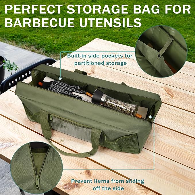 Grill Tool Storage Bag, Large Grill Utensil Storage Caddy with Pockets, Portable Grill Accessory Storage Bag for Outdoor Camping & BBQ (Green)
