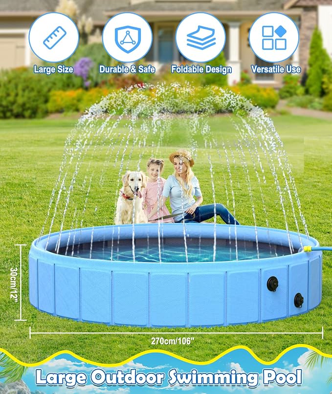 EPN Foldable Dog Pool with Sprinkler, Large Non-Slip PVC Pet Bath, 106 Inch | 2-in-1 Pet Bath and Sprinkler with Non-Slip Base for Dogs and Kids, Ideal for Backyard Cooling, Bathing and Summer Water Play