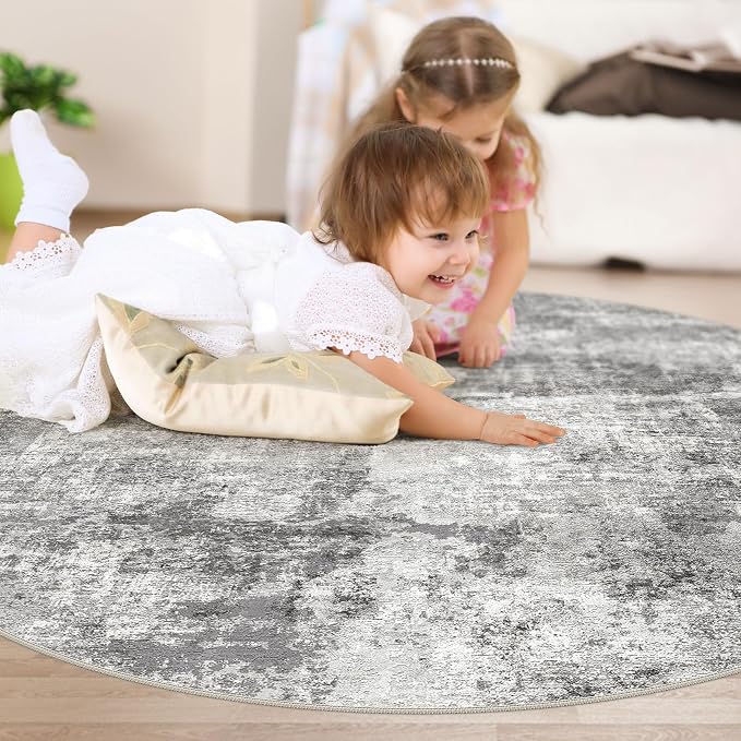 DMOYEST 5ft Round Area Rug for Living Room Washable Non Slip Circle Rug | 5x5 Neutral Modern Abstract Low Pile Rugs Kid & Pet Friendly Soft Carpet for Bedroom and Dining Room - Grey