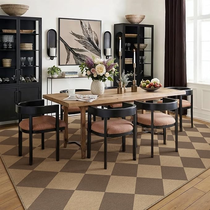 PureCozy 5x7 Checkered Easy Jute Area Rug for Living Room Checkerboard Washable Indoor Outdoor Carpet Farmhouse Patio Office Mat Geometric Non Slip Brown Carpet for Backyard Dining Room